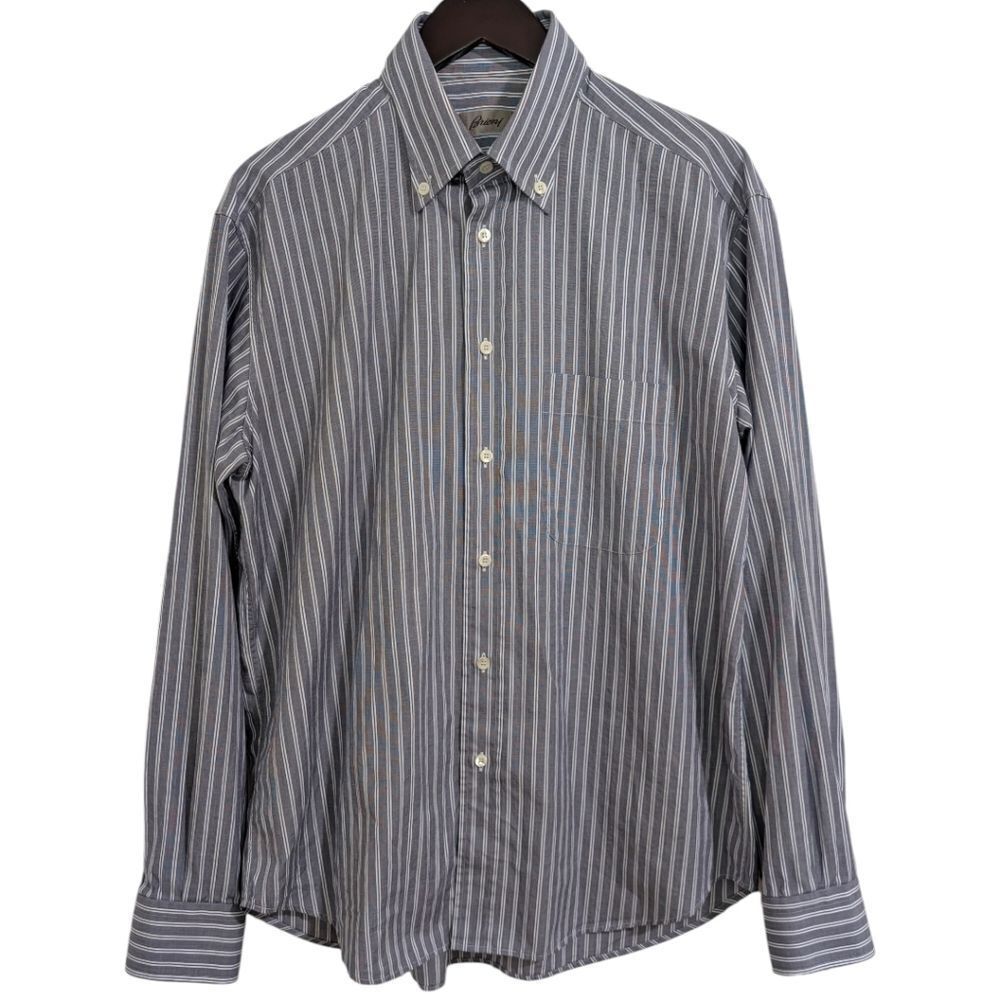 Brioni Italy Men's Grey & Blue Striped Button Down Shirt - Size IV (L/XL)